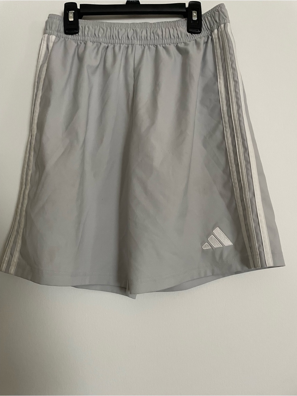 adidas Boys XL Light Gray Athletic Shorts with White Stripes